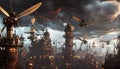 steampunk country town, windmill powered flying machines in the sky ai created