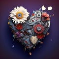 Steampunk 3d heart made of gears and flowers on a purple background