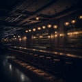 Steampunk Dark Cozy Retro Long Bar With Warm Lights Realistic Looking Wood Interior Metal Elements Underground Club Generative Ai