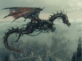 Steampunk Dragon: A dragon made of gears and metal, flying over an industrial cityscape