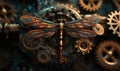 Steampunk dragonfly perched on intricate gears and cogs in a mechanical setting Royalty Free Stock Photo
