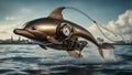 a steampunk A dynamic scene of a steampunk dolphin fish, with wires, propellers,