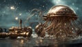 a steampunk A dynamic scene of a steampunk jelly fish, with wires, propellers,