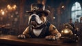 steampunk English bulldog, sitting in an old west saloon waiting to order his drink ai created