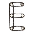 Steampunk font. Letter E from chain gear elements, tires, reflectors