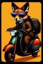 A steampunk fox fursona with boots sitting on a Vespa moped with sunglasses, graphic novel, grunge, geometric t-shirt design Royalty Free Stock Photo