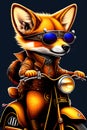 A steampunk fox fursona with boots sitting on a Vespa moped with sunglasses, graphic novel, grunge, geometric t-shirt design Royalty Free Stock Photo