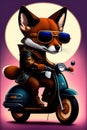 A steampunk fox fursona with boots sitting on a Vespa moped with sunglasses, graphic novel, grunge, geometric t-shirt design Royalty Free Stock Photo