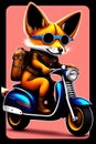 A steampunk fox fursona with boots sitting on a Vespa moped with sunglasses, graphic novel, grunge, geometric t-shirt design Royalty Free Stock Photo