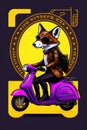 A steampunk fox fursona with boots sitting on a Vespa moped with sunglasses, graphic novel, grunge, geometric t-shirt design Royalty Free Stock Photo