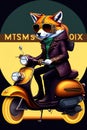 A steampunk fox fursona with boots sitting on a Vespa moped with sunglasses, graphic novel, grunge, geometric t-shirt design Royalty Free Stock Photo