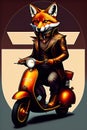 A steampunk fox fursona with boots sitting on a Vespa moped with sunglasses, graphic novel, grunge, geometric t-shirt design