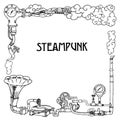 Steampunk frame with industrial machines gears chains, gramophone and technical elements, vector