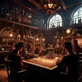 a steampunk gaming room with employees playing a live actio ro Royalty Free Stock Photo