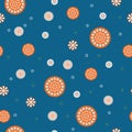 Steampunk gear and cogwheel flower seamless pattern in orange and deep blue