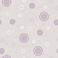 Steampunk gear and cogwheel flower seamless pattern in warm gray and slow purple