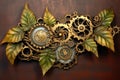 steampunk gears combined with nature elements vines, leaves