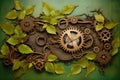 steampunk gears combined with nature elements vines, leaves
