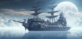 Steampunk Ghost Ship Sailing Through a Misty Sea Under a Full Moon.GenerativeAI.