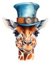 Steampunk giraffe in blue hat in a watercolor style. Orange and blue fantasy animals illustration. Created with Generative AI