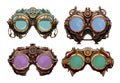 Steampunk glasses front view. Retro mechanical spectacles with translucent colored lens and coggears, vintage eyeglasses Royalty Free Stock Photo