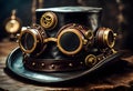 Steampunk goggles on dark leather hat