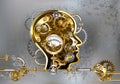 Steampunk head with manometer on gray background