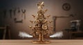 Steampunk Holiday Tree Sculpture with Gears and Birds on Workshop Scene Royalty Free Stock Photo