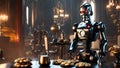 steampunk house with terminator butler robot cyborg serving cookies