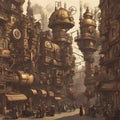 A steampunk-inspired city with clockwork automatons