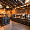 A steampunk-inspired coffee bar with vintage coffee machines, industrial piping, and gear decorations1, Generative AI