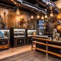 A steampunk-inspired coffee bar with vintage coffee machines, industrial piping, and gear decorations2, Generative AI