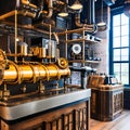 A steampunk-inspired coffee bar with vintage coffee machines, industrial piping, and gear decorations4, Generative AI