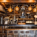 A steampunk-inspired coffee bar with vintage coffee machines, industrial piping, and gear decorations5, Generative AI