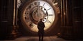 A steampunk-inspired 3D rendered image featuring a man standing in front of a giant clock. Generative AI Royalty Free Stock Photo