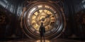 A steampunk-inspired 3D rendered image featuring a man standing in front of a giant clock. Generative AI Royalty Free Stock Photo