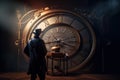 A steampunk-inspired 3D rendered image featuring a man standing in front of a giant clock. Generative AI Royalty Free Stock Photo