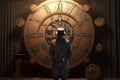 A steampunk-inspired 3D rendered image featuring a man standing in front of a giant clock. Generative AI Royalty Free Stock Photo