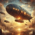 A steampunk inspired drawing of a fantastical airship sailing 