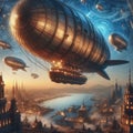A steampunk inspired drawing of a fantastical airship sailing 