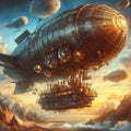 A steampunk inspired drawing of a fantastical airship sailing 