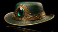 Steampunk-inspired Green Hat With Green Sapphire On Black Background