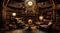 A steampunk-inspired reading room adorned with vintage brass gadgets and leather-bound books.