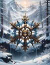 Steampunk Inspired Snowflake, Against a Wintry Mountain Landscape, Generative AI