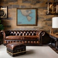 A steampunk-inspired study with a leather Chesterfield sofa, vintage map decor, and brass telescope5