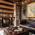 A steampunk-inspired study with a leather Chesterfield sofa, vintage map decor, and brass telescope2