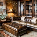 A steampunk-inspired study with a leather Chesterfield sofa, vintage map decor, and brass telescope4