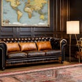 A steampunk-inspired study with a leather Chesterfield sofa, vintage map decor, and brass telescope3