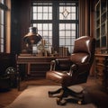 A steampunk-inspired study with vintage leather chairs, brass fixtures, and old-world charm1