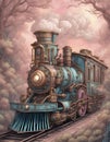 Steampunk-Inspired Train Journey in Pastel Landscape